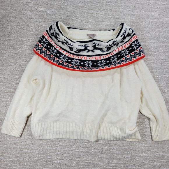 H&M Festive Reindeer Sweater Womens L White Off The Shoulder Holiday Christmas - Picture 14 of 16